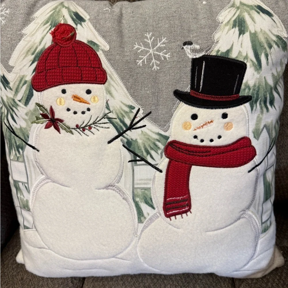 Two St. Nicholas Snowman Pillows 18X18 & One Patchwork Pine Christmas Pillow